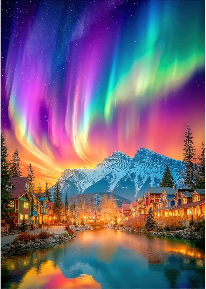 Puzzles for Adults 1000 Pieces, Northern Lights Aurora Over Mountain Village Winter Landscape Jigsaw with Letters on Back, 20x28 Inch Wall Art, Challenging Relaxing Family Game