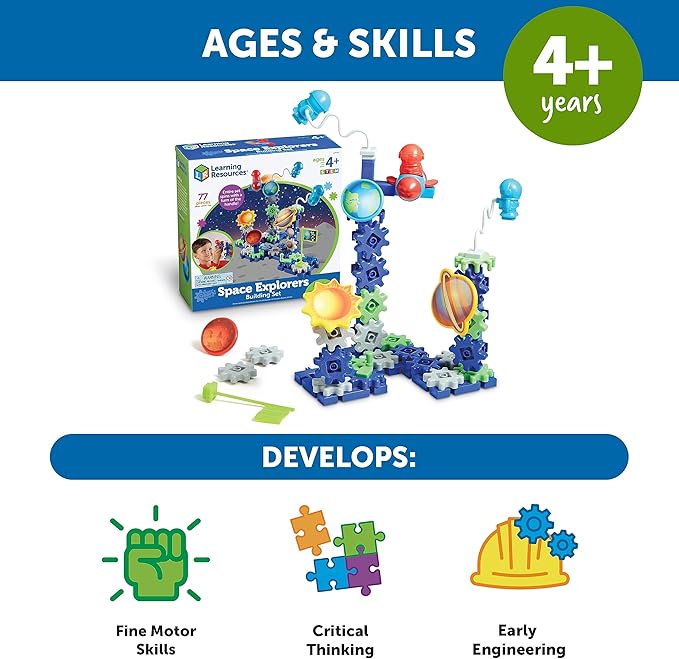 Learning Resources Gears! Gears! Gears! Space Explorers Building Set - 77 Pieces, Ages 4+, STEM Activities, Fine Motor Skills, Toddler Explorer Kit, Science and Construction, Boys and Girls Gifts