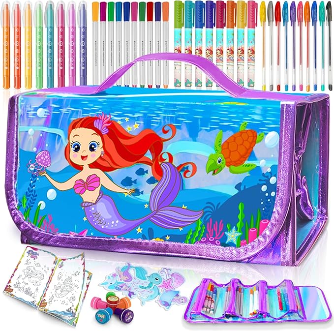 weirtoya 56 PCS Washable Scented Markers Set with Glitter Pencil Case, Mermaid Unicorn Arts and Crafts for kids 4-6-8 Kids Coloring Drawing Kits for 4-8 Years Old Girls Birthday Gifts (Mermaid, 56)