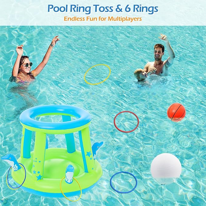 Jasonwell Pool Toys Games Set - 3 in 1 Pool Volleyball Net Basketball Hoop Ring Toss Game Inflatable Floats Water Floating Volleyball Swimming Pools Games Party Gift for Kids Adults (Green&Blue, XL)