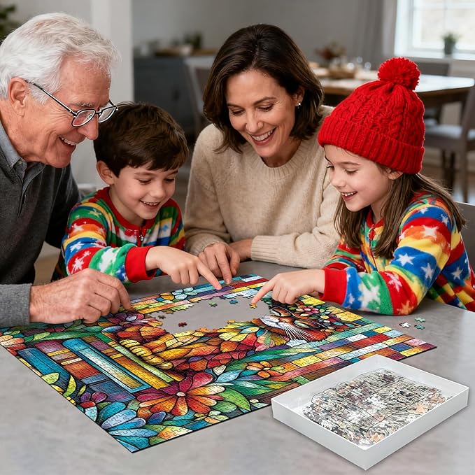 1000 Piece Adult Puzzle, Stained Glass Cat with Sunglasses, Jigsaw Puzzles with Letters on Back Impossible Challenging Puzzle, Family Puzzle Decoration Challenging Puzzles (27.56x19.7 Inch)