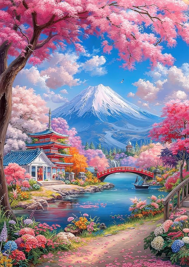 Mount Fuji Cherry Blossom 1000 Piece Puzzle for Adults - Japanese Landscape Art, Vibrant Spring Scene, Poster & Lettered Back, 20"x28" HD, Gift for Travel & Nature Lovers