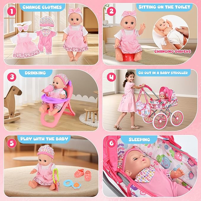 Baby Doll Stroller Toy Set with 12.5'' Doll and Accessories- 2 Doll Clothes, Diaper, Dining Chair, Pacifier, Storage Bag, Baby Doll Stroller Toys for Girls Toddlers 3-5 4-6 5-7 Gifts for Pretend Play