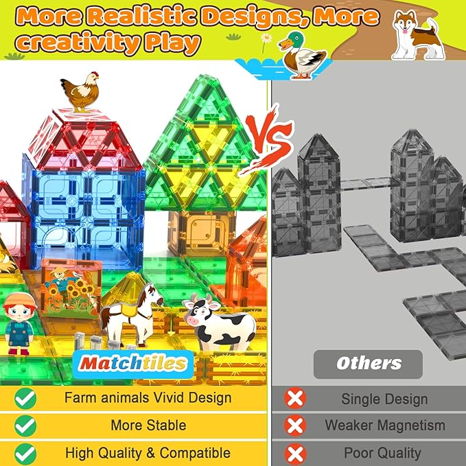 105 PCS Magnetic Tiles with Farm Animals, Magnetic Blocks Building Toys for 3+ Year Old Toddler, Construction STEM Magnet Toys Gift for Kids, Boys and Girls 3 4 5 6 7 8+ Year Old