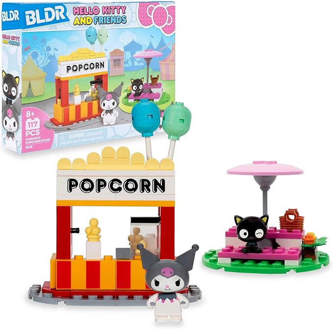 BLDR Hello Kitty and Friends Kuromi’s Popcorn Stand Building Set - Kuromi & Chococat Poseable Minifigures - Gifts for Kids & Sanrio Fans Ages 8+, 0129