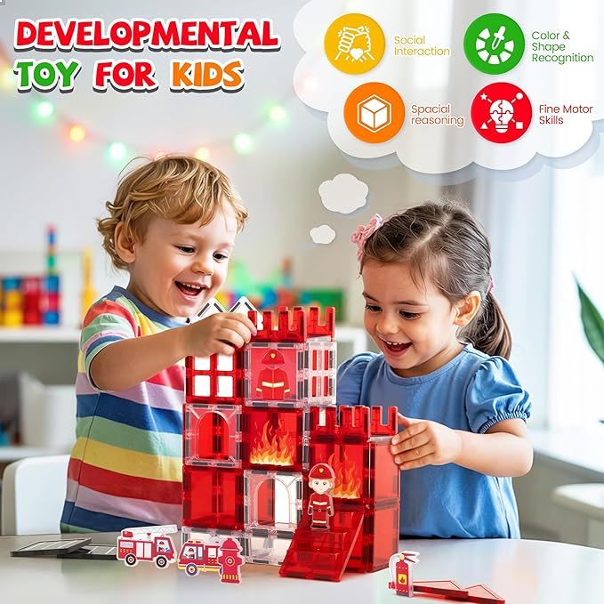 cossy Magnetic Tiles Firefighter Set, Magnet Tiles with Firefighter, Magnetic Tiles for Kids Ages 4-8, STEM Toys, Toys for 3 4 5 6 7 8 Year Old Boy and Girl, Creative Building Toys, Firefighter