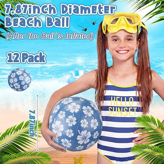 Soulchen 12 Packs Hawaiian Beach Ball for Kids Bulk 7.87 Inch Summer Inflatable Hibiscus Print Beach Balls Flower Summer Pool Toys Games for Swimming Birthday Luau Party Decoration Party Favor