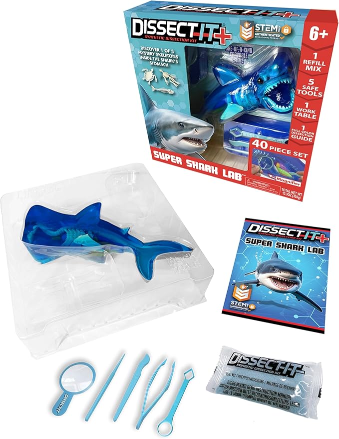 Dissect-It Super Shark Lab Dissection Kit, 40-Piece Realistic Synthetic STEM Science Kit with Tools, Reusable Toy Marine Biology for Kids Ages 6+