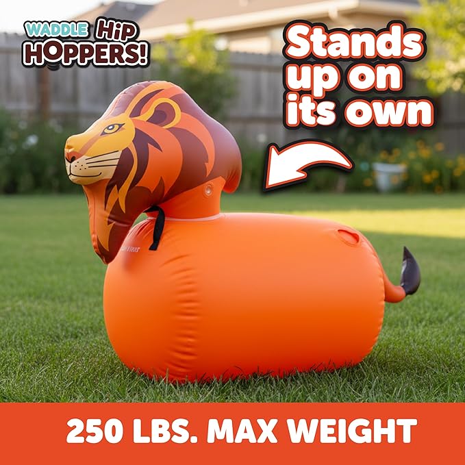 Waddle Hip Hoppers Large Bouncy Hopper Ride On Toys - Inflatable Hopping Animal Bouncer for Kids Girls & Boys, Easy Grip, Stable Base, Outdoor & Indoor, Supports Up to 250 Lbs, Ages 5 and Up (Lion)