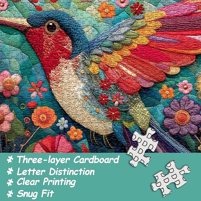 Hummingbird Puzzles for Adults 1000 Pieces, Bird Flower Garden Patchwork Art Quilt Puzzle, Beautiful Spring Floral Difficult Hard Jigsaw Puzzles with Animals, Colorful Challenging for Adults
