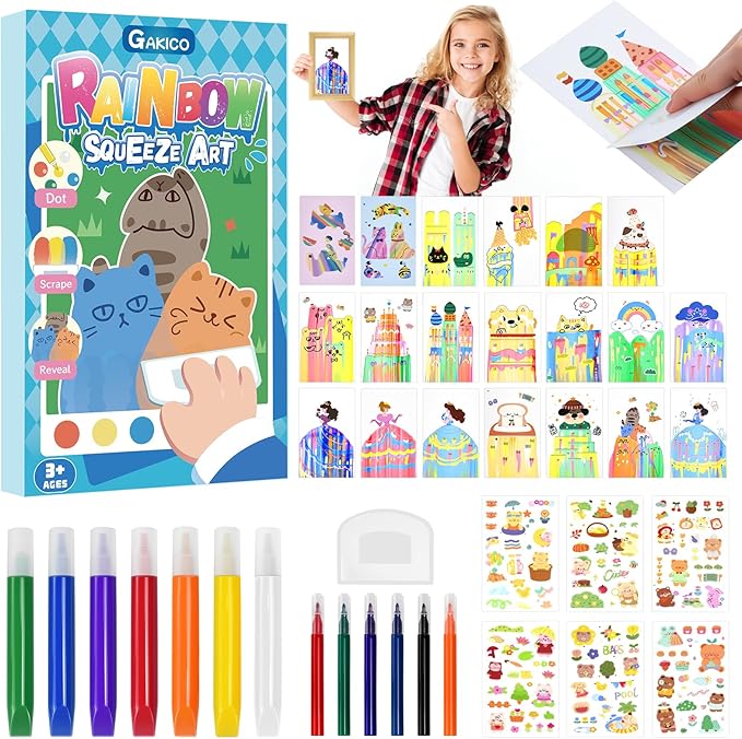 GAKICO Rainbow Scratch Art for Kids: Creative Squeegee Painting Kits, Rainbow Scratch Paper Art Set, Squeeze Magic Reveal Craft Kits, DIY Postcards Party Favors Novelty Gifts for Girls Boys