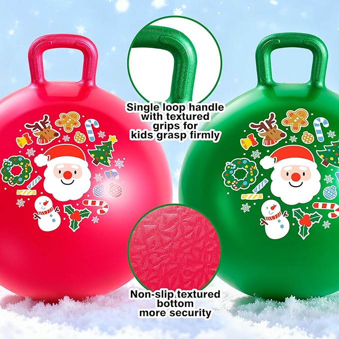 ZOOJOY Hopper Ball 2-Pack Set for Girls&Boys 3-8 with Free Hair Clips, Festive Red & Green 18in Bouncy Ball with Handle for Kids, Christmas Toys Indoor and Outdoor Play Includes Pumps