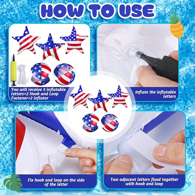 5 Pcs Inflatable 4th of July Pool Float USA 250th Anniversary American Flag Star Beach Balls Large 20'' Red White and Blue Inflatable Balls Independence Day Patriotic Decoration for Summer Pool