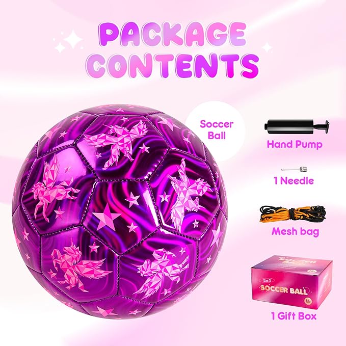 Soccer Ball Size 2 Size 3 Size 4 For Toddlers Kids Ages 1-3 3-8 8-12 - Glitter Unicorn Dinosaur Design - Sports & Outdoors Ball with Pump Deflated - Gift for Girls Boys Children Youth School Birthday