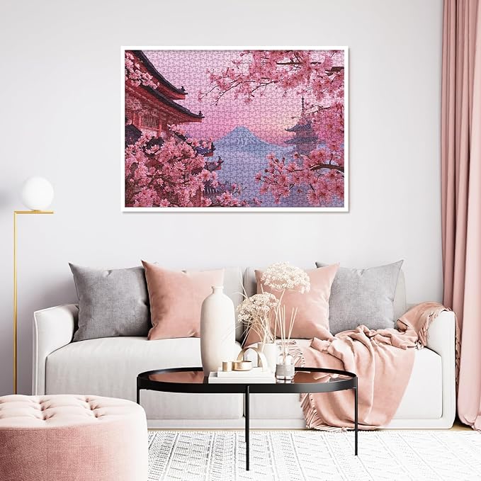 Flower Japan Landscape Puzzle for Adults 1000 Pieces, Challenging Cherry Blossom Jigsaw Puzzle, Beautiful Floral Mountain Pink Asian Japanese Puzzle