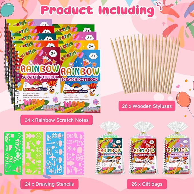 HONLYNE Scratch Art Crafts Party Favors, 24 Pack Rainbow Notebooks, Coloring Books Supplies Toys, Easter Basket Stuffers, Birthday Party Favors for Kids, Bulk Classroom Prizes for Toddlers