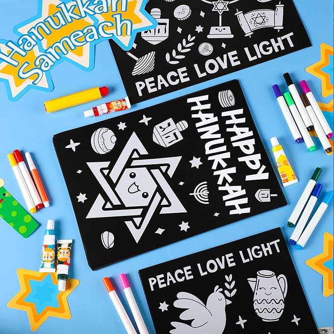 Zhanmai 30 Pcs Color Your Own Funny Hanukkah Posters DIY Happy Hanukkah Crafts Bulk Color Your Own Menorah Poster DIY Crafts for Chanukah Party Holiday Home Activities