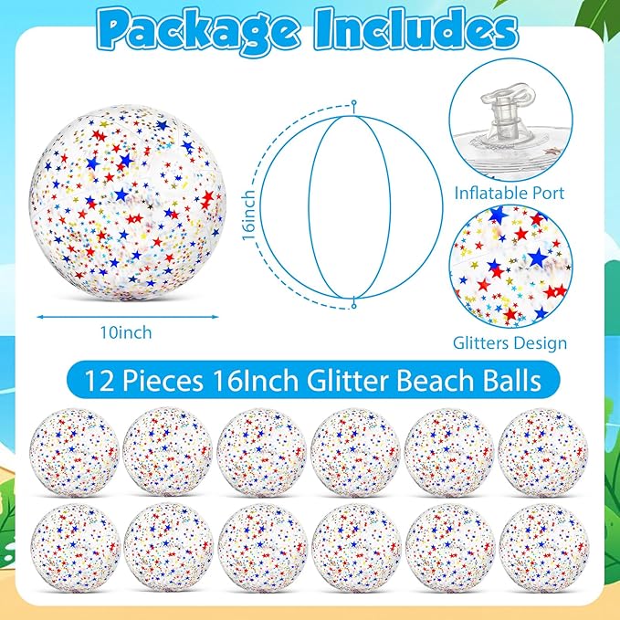 12 Pack 4th of July Patriotic Beach Balls 16" Large Inflatable Pool Ball Sequins Party Decoration PVC Jumbo Sport Ball Adults Independence Day Summer Beach Swimming Pool Water Games Party Favor