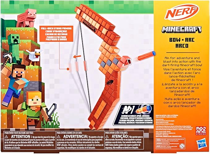 Nerf Minecraft Bow Dart Blaster, Pull-Back String Priming, 8 N1 Darts Compatible Only N1 Dart Blasters, Ages 8+