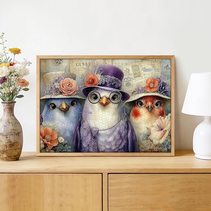 Vintage Elegant Three Birds 1000 Piece Puzzle for Adults - Victorian Style Art, Whimsical Postcard Scene, Poster & Lettered Back, 28"x20" HD, Gift for Bird & Vintage Art Lovers
