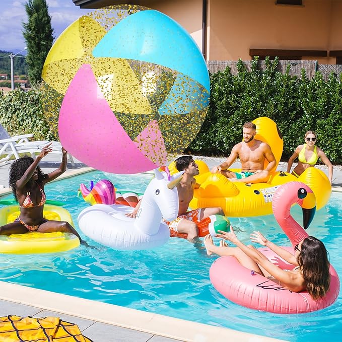 Realspring 2 Pcs 48'' Giant Beach Balls for Swimming Pool 4 Ft Jumbo Glitter Confetti Inflatable PVC Pool Balls Large Summer Blow up Beach Toys for Adults Summer Outdoor Party Favor(Colored)