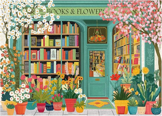 PICKFORU Book Jigsaw Puzzles 1000 Pieces, Spring Flowers Bookstore Puzzles for Adults, Blooming Bookshelf Puzzle as Home Decor