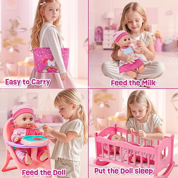 Golray 12in Girl Baby Doll Crib and High Chair Set - Sound&Pee Interactive Baby Doll with 20pcs Accessories Diaper Bag/Cradle/2 Clothes, Feeding Nursery Pretend Play Toddler Girl Toy Gift 3 4 5 6 Year