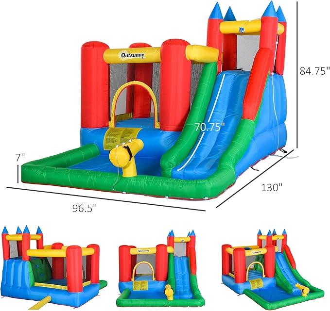 Outsunny 6-in-1 Kids Bounce House Inflatable Water Slide with Pool, Water Cannon, Climbing Wall, Inflator Included, Jumping Castle Kids Backyard Activity Outdoor Water Play Toy
