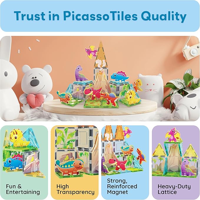 PicassoTiles Dinosaur Toys Magnet Tiles Building Blocks 8 Magnetized Action Figures Compatible Magnetic Construction Build and Play Tile Accessory Toy STEAM Educational Learning Toys Kids Ages 3+