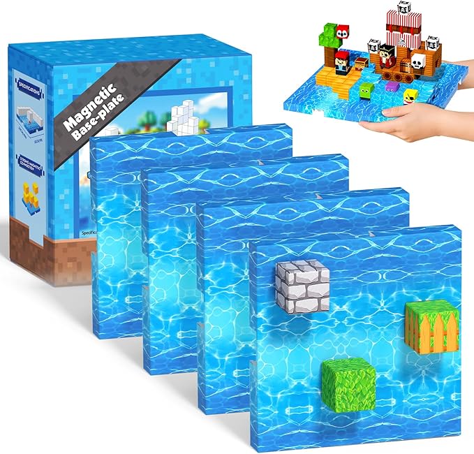 4PCS Magnetic Blocks Base Plates for Kids, 4" x 4" Strong Grip Magnetic Tiles Base Fits Most Popular Magnetic Blocks & Cubes, STEM Building Toy Birthday Gifts for Boys Girls Ages 3+ (Water)
