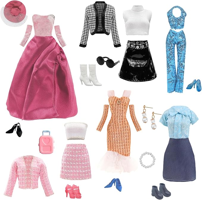 Doll Clothes and Accessories for Dolls ,Including 6 Fashion Clothes Set, 1 Pair of Earrings, 1 Necklaces, 1 Suitcases, 1 Glasses, 6 Pairs of Shoes for 11.5 inch Dolls on Christmas