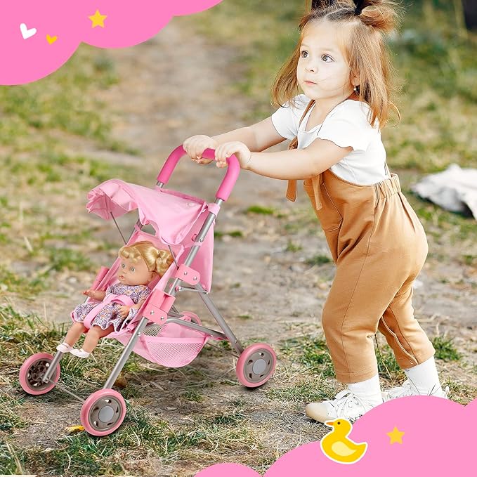 GAGAKU Baby Doll Stroller for Toddlers, Foldable Toy Stroller with Storage Basket and Bag, Diapers - Reborn Doll Accessories for Girls & Kids Ages 3+, Pink