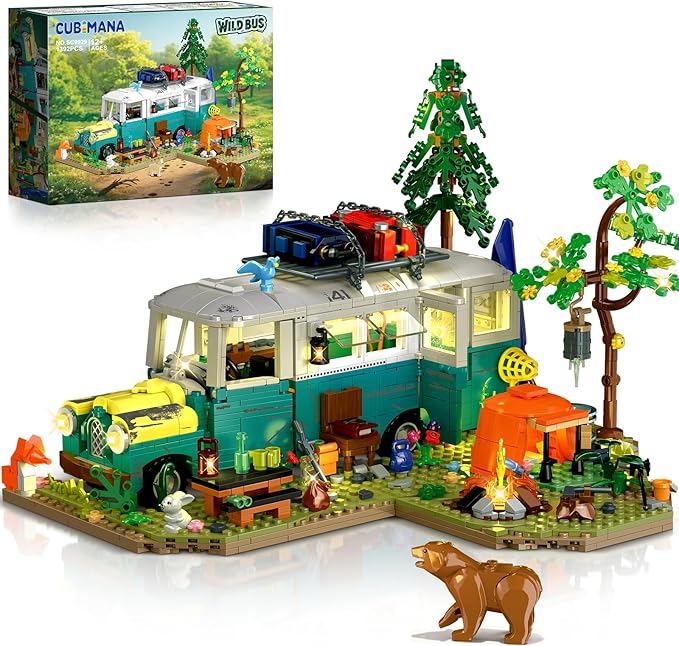 Wilderness Bus Building Set with Light, 1392PCS Camping Building Toy Kit with Removable Bus, Animals and Rich Accessories, Creative Home Decor & Display, Xmas Birthday Gifts for Adults Teens
