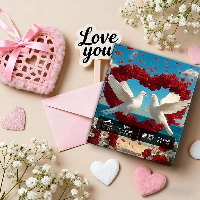 PICKFORU Flower Puzzles for Adults 1000 Piece, Heart Puzzles Beach Bird Dove Love, Rose Ocean Romantic Valentine's Day Jigsaw Puzzle