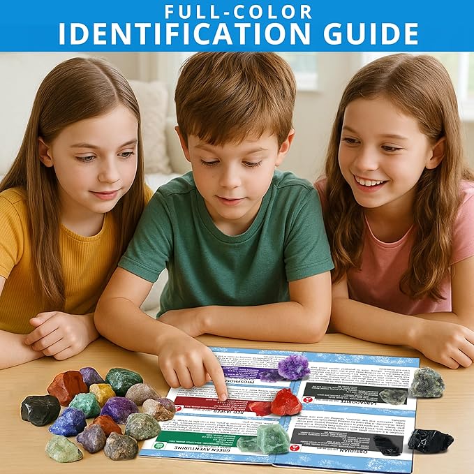 PIBEX Jumbo Rock Collection Kit - 20 Pcs Large Unpolished Rocks, Minerals & Crystals (1.5-2 inch) with 54 Game Cards, Learning Book, Collector Box & Magnifier - Educational Rock Lover Gift for Kids 6+