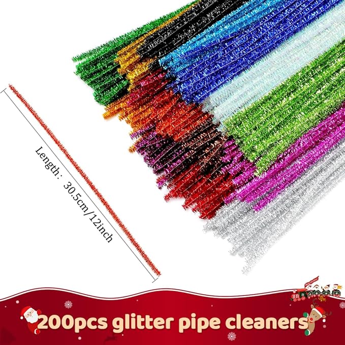 Praisebank Glitter Pipe Cleaners for Crafts, 200pcs, Chenille Stems for DIY Projecets, Arts & Crafts Supplies for Festival Party Decorations