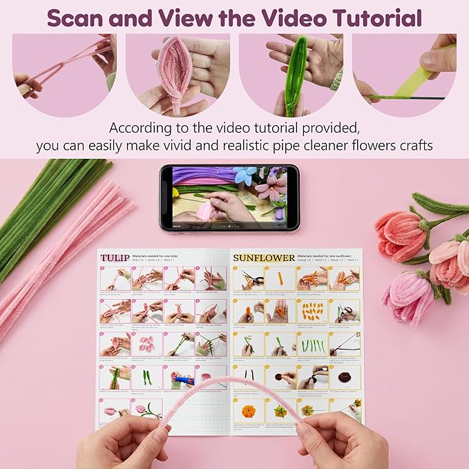 EARLY MINDS 800Pcs Pipe Cleaner Flower Bouquet Kit, 8 Colors Romantic Pink Chenille Stems Craft Making Set with Floral Tape, Flower Stems, Gift Wrap & More, DIY Bouquet Handmade Gifts for Mother