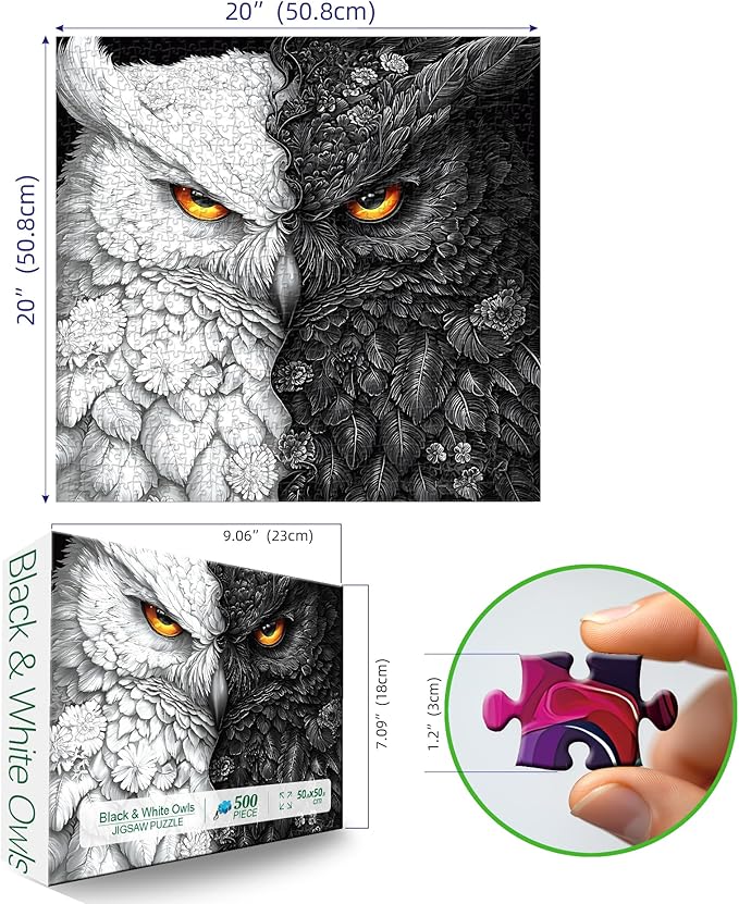 Black and White Owl with Floral Design Jigsaw Puzzle, 500 Pieces