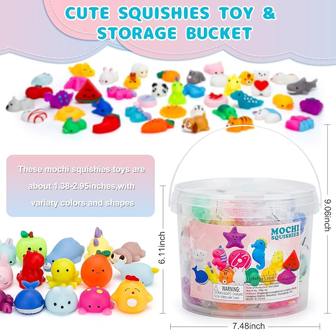 100 Pack Mochi Squishy Toys, Easter Basket Stuffers Party Favors for Kids 4-8-12,Birthday Gifts Treasure Box Classroom Prizes Goodie Bag Stuffers, Mini Squishy Fidget Toys, Carnival Prizes in Bulk