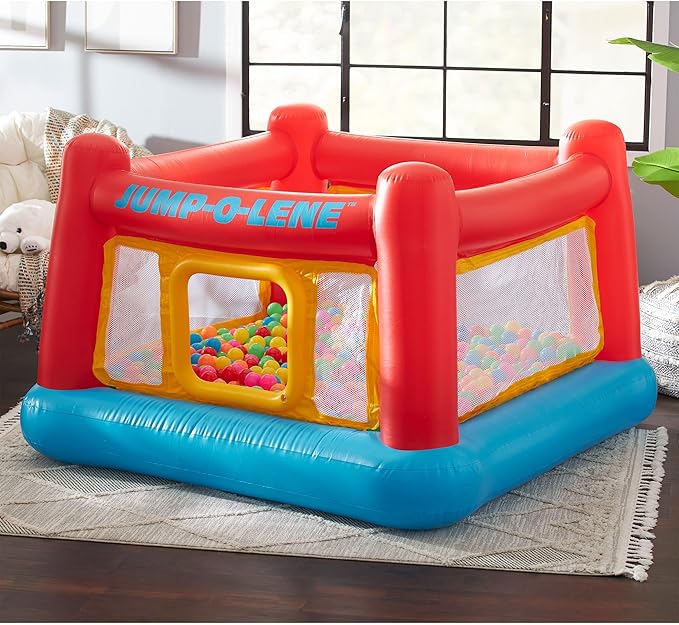 Intex Inflatable Jump-O-Lene Trampoline Bounce House with Crawl-Thru Door & Net - Indoor & Outdoor Backyard Blow-Up Bouncy Playhouse for Kids Ages 3-6