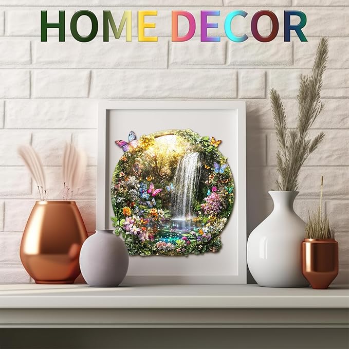 Wooden Puzzles for Adults, Butterflies and Waterfalls Jigsaw Puzzles, 104 Piece Unique Shaped Puzzle, 3D Visual Landscape Shape Puzzle, Gifts for Adults，Wall Decor(8.5 * 8.2 in)