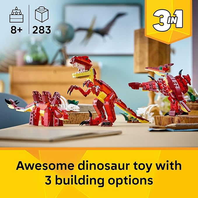 LEGO Creator 3 in 1 Fierce Dinosaur Building Toy for Boys & Girls, Ages 8+ - Gift for Birthdays - Kids Build 1 of 3 Prehistoric Animal Figures - 31379