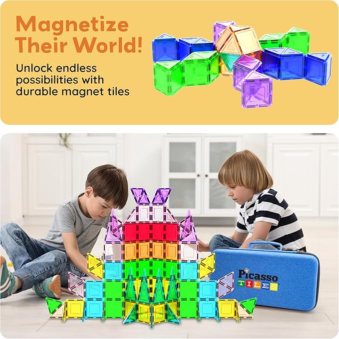 PicassoTiles 101 PCs Magnetic Tiles Building Block with Storage Case Included Bold Colors Travel Carry Case Construction Set for Boys & Girls Great Gift Preschool Kindergarten Montessori Playing Toys