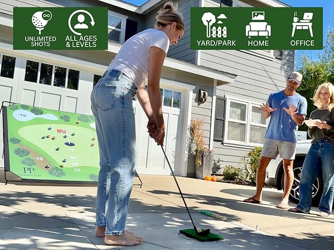 Sticky Golf Chipping Game Set - 6x6 ft Metal Frame with 2 Adjustable Clubs, 25 Sticky Balls, Turf Chipping Mat & Scoreboard - Backyard Golf Target Game for All Ages for Indoor/Outdoor Practice