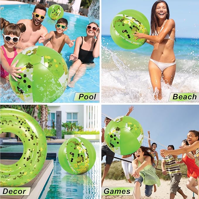 POZA Inflatable Beach Balls - Elegant Glitter Confetti Premium Floaters, Heavy Duty Vinyl Floatation Pool Toys for Pool Beach Party, UV Resistant Pool Décor