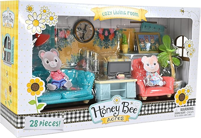 Honey Bee Acres Cozy Living Room Décor – 28 Pieces Accessory Set | Colorful Farmhouse Doll Furniture | Pretend Play Toys for Kids - Sunny Days Entertainment