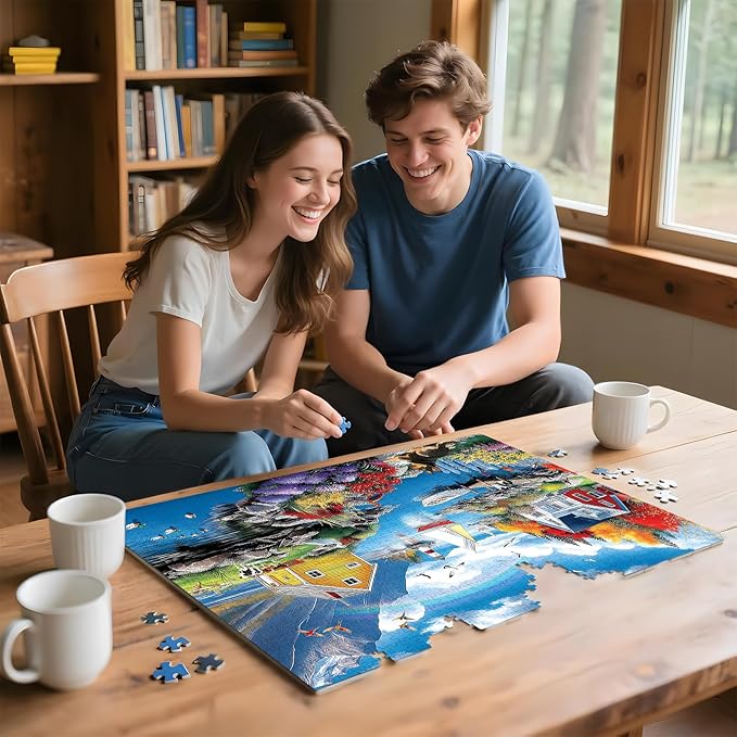 300 Piece Puzzles for Adults, 300 Piece Puzzles for Adults Large Piece, Village Lighthouse Dog Bird Rainbow Jigsaw Puzzle, Challenging Puzzle Perfect for Game Nights, 20.5 X 15 in