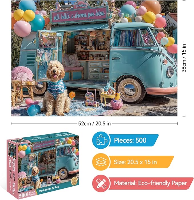 500 Pieces Puzzle for Adults, Spring & Summer Puzzles for Adults 500 Pieces, Ice Cream Van Dog Jigsaw Puzzle, Challenging Puzzle Perfect for Game Nights, 20.5 X 15 in