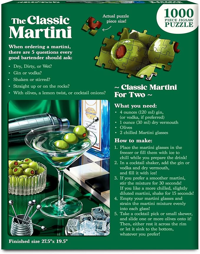 Jigsaw Puzzle 1000 Pieces - The Classic Martini, Cocktail Puzzle for Adults with Full-Size Poster, Vibrant Art, Brain-Boosting Fun for Adults, Gifts for Cocktail Lovers, Finished Size 27.5" x 19.5"