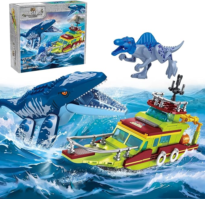 3 in 1 Sea Dinosaur Building Blocks Kit Set, Compatible with Lego Dinosaur World Park Spinosaurus Mosasaurus Discovery Crossing Ocean World Building Set, Boat STEM Toys Gift Kids Adults Boys Age 8-12